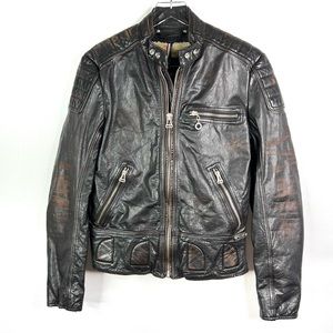 Andrew Marc Denim & Leathers Distressed Moto Jacket Faux Shearling Lined Zip